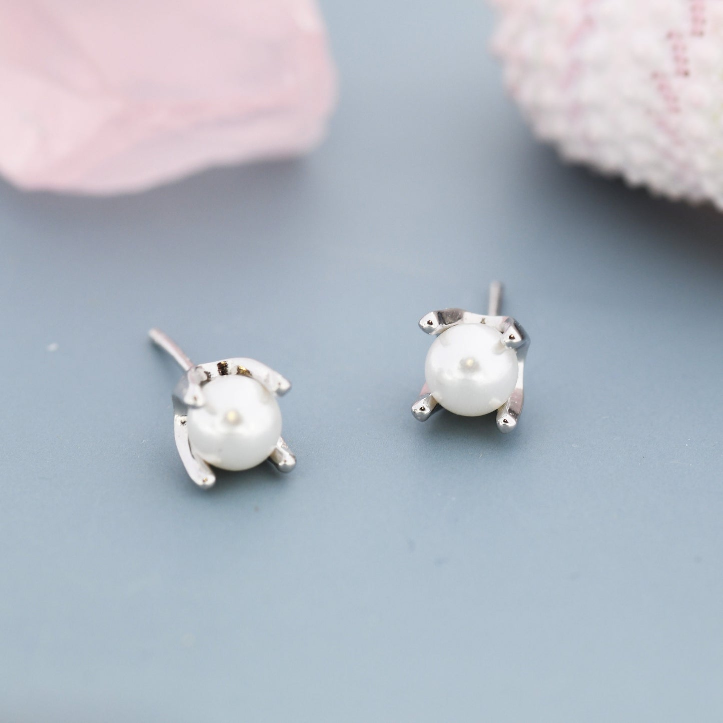 Tiny Pearl Stud Earrings in Sterling Silver, Silver or Gold or Rose Gold, Four Prong, 6mm Minimalist Pearl Earrings,