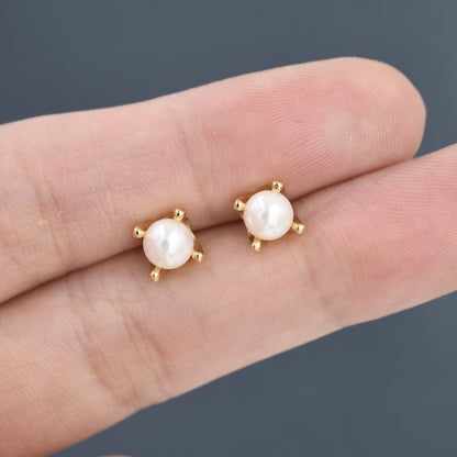 Tiny Pearl Stud Earrings in Sterling Silver, Silver or Gold or Rose Gold, Four Prong, 6mm Minimalist Pearl Earrings,