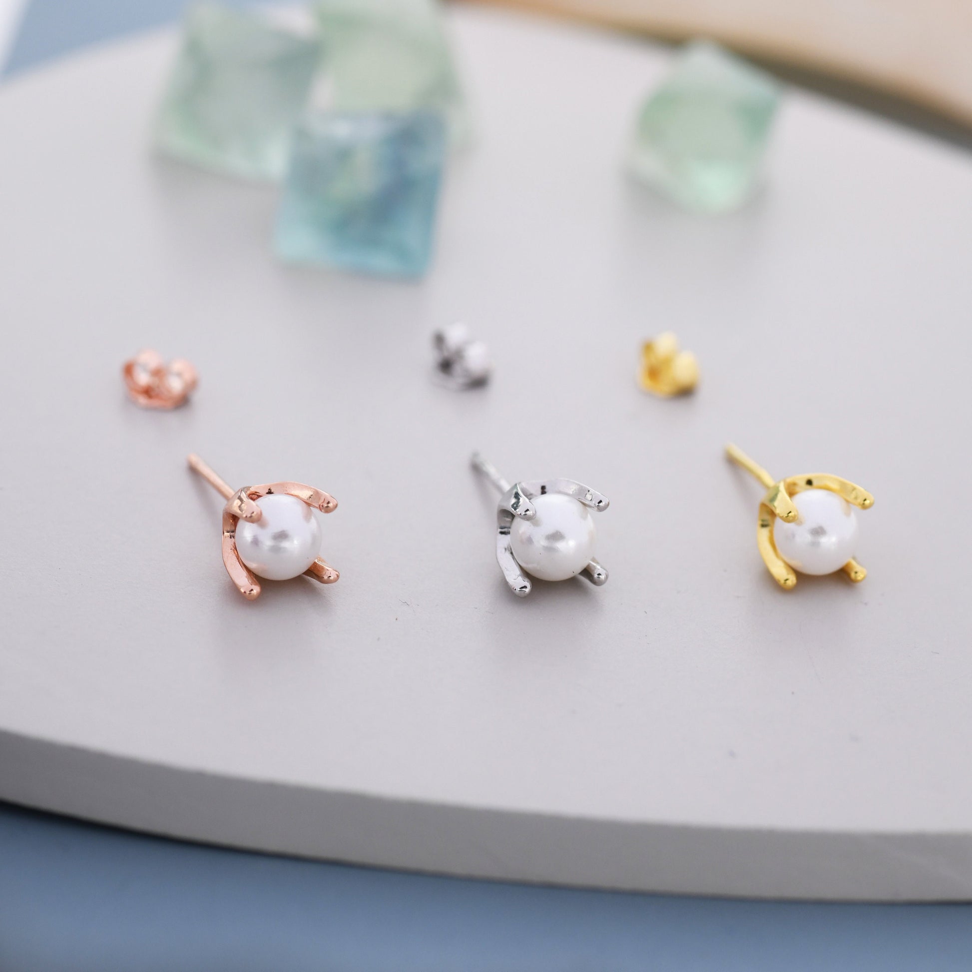 Tiny Pearl Stud Earrings in Sterling Silver, Silver or Gold or Rose Gold, Four Prong, 6mm Minimalist Pearl Earrings,