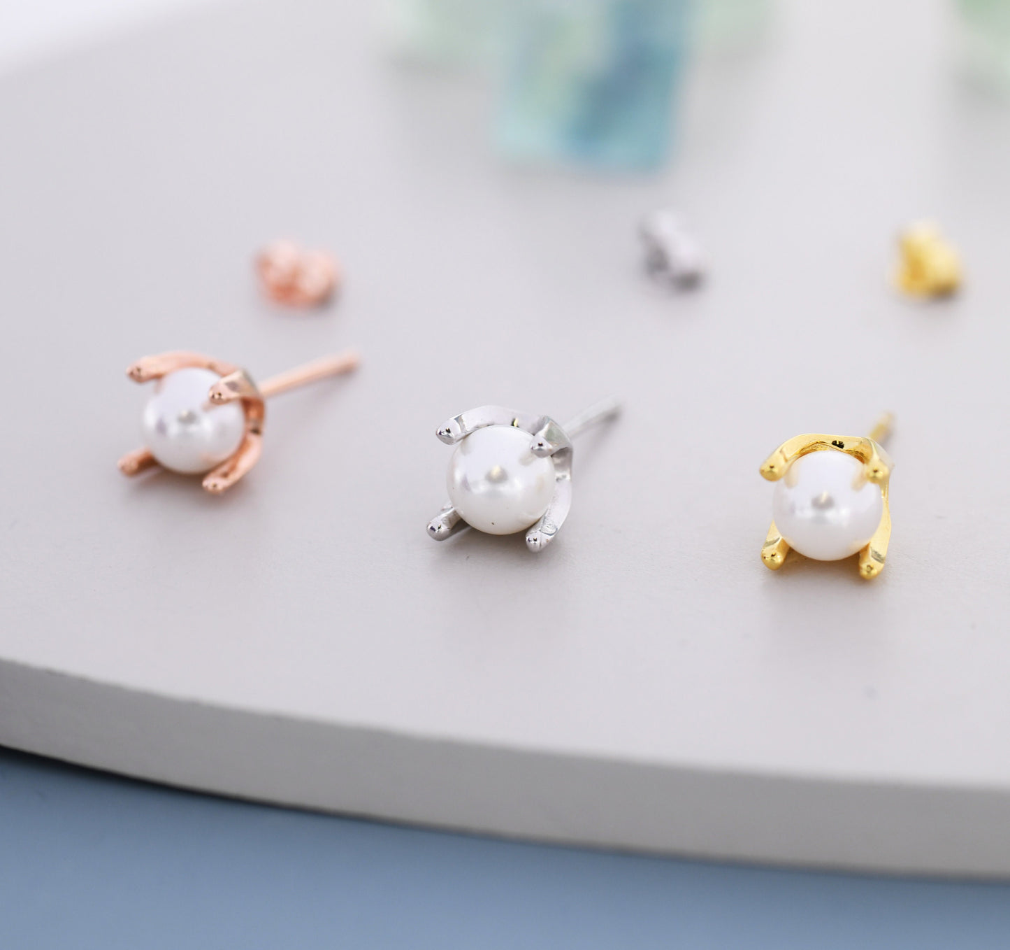 Tiny Pearl Stud Earrings in Sterling Silver, Silver or Gold or Rose Gold, Four Prong, 6mm Minimalist Pearl Earrings,