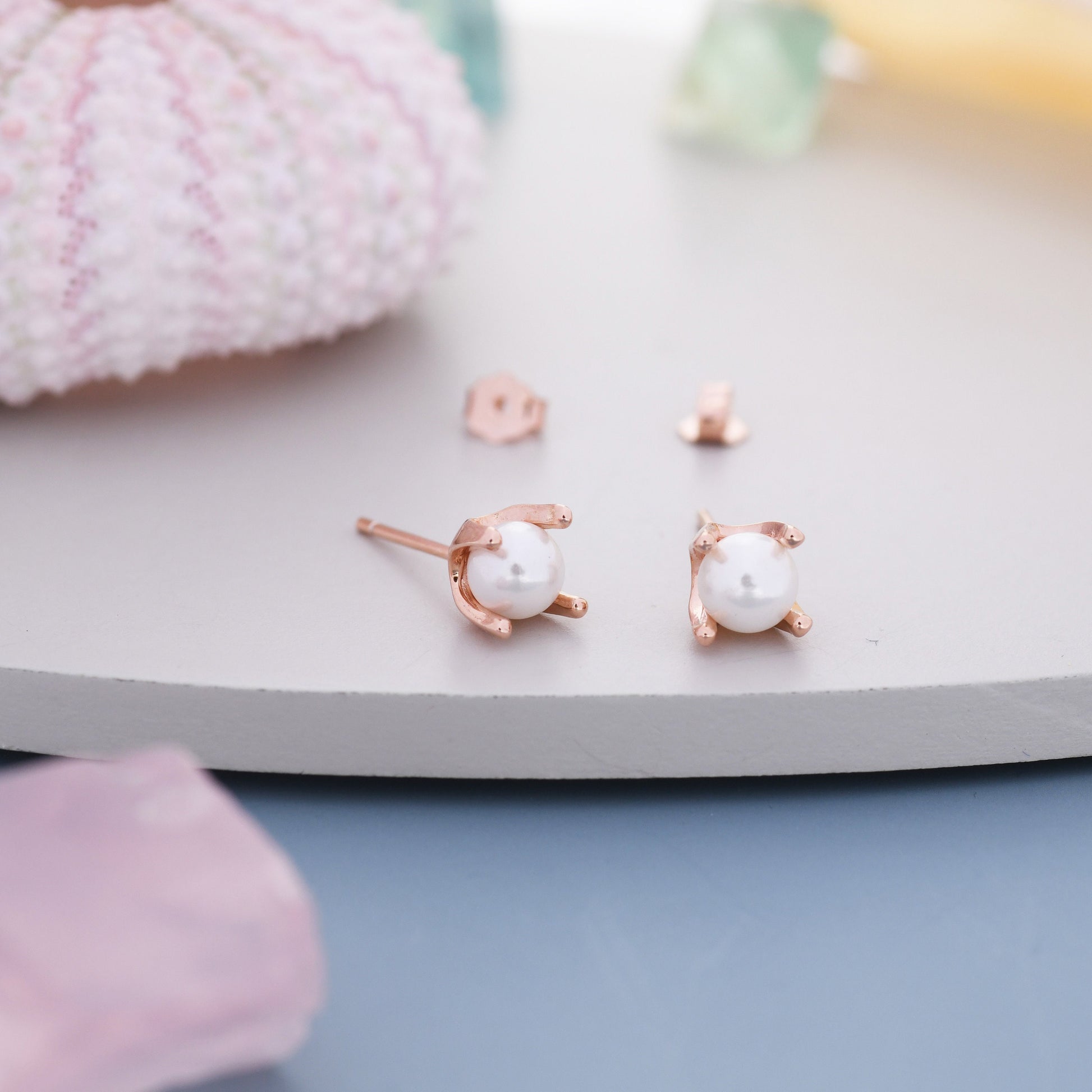 Tiny Pearl Stud Earrings in Sterling Silver, Silver or Gold or Rose Gold, Four Prong, 6mm Minimalist Pearl Earrings,