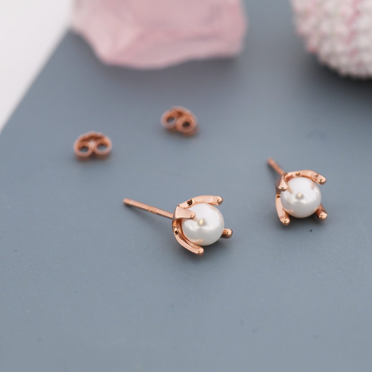 Tiny Pearl Stud Earrings in Sterling Silver, Silver or Gold or Rose Gold, Four Prong, 6mm Minimalist Pearl Earrings,