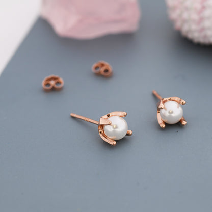 Tiny Pearl Stud Earrings in Sterling Silver, Silver or Gold or Rose Gold, Four Prong, 6mm Minimalist Pearl Earrings,