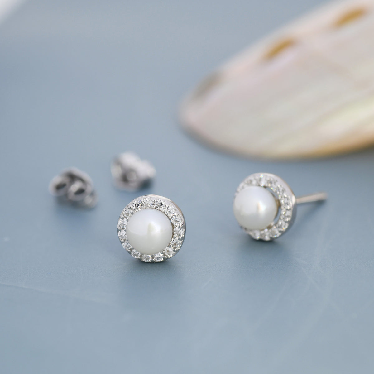 Freshwater Keshi Pearl Halo CZ Stud Earrings
