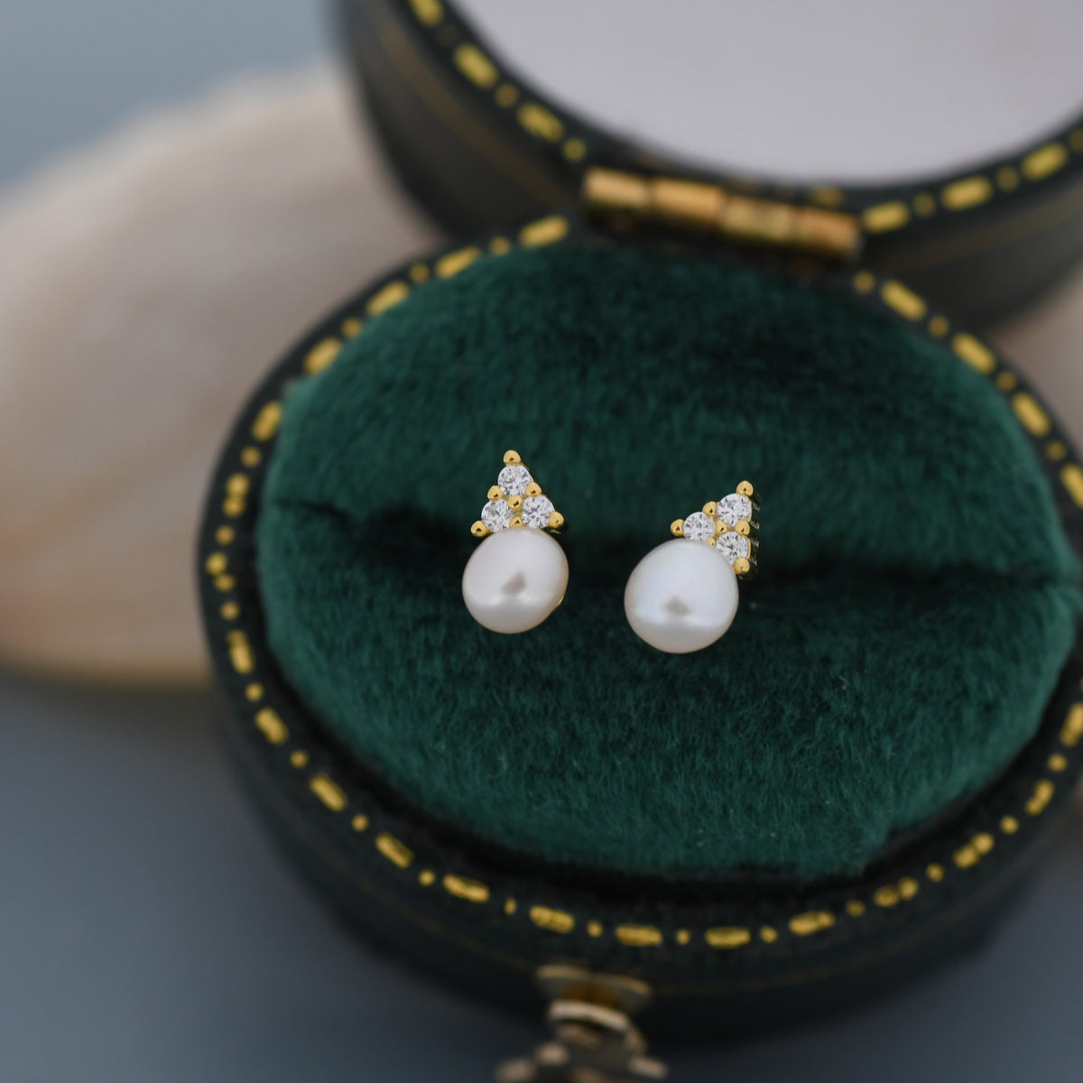 Genuine Freshwater Pearl CZ Trio Stud Earrings in Sterling Silver, Delicate Tiny Pearl and CZ Earrings, Trinity Pearl, Genuine Pearls.