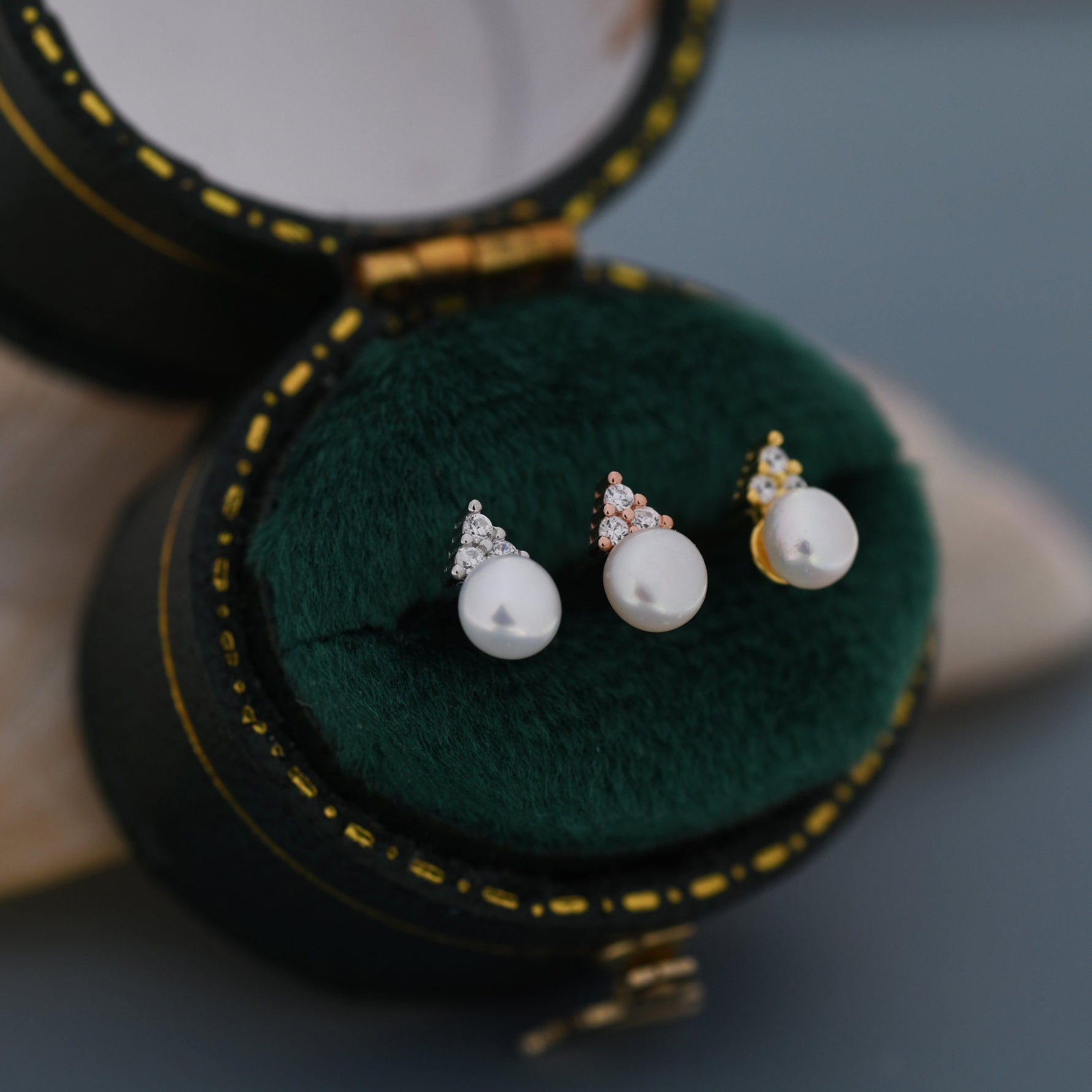 Genuine Freshwater Pearl CZ Trio Stud Earrings in Sterling Silver, Delicate Tiny Pearl and CZ Earrings, Trinity Pearl, Genuine Pearls.