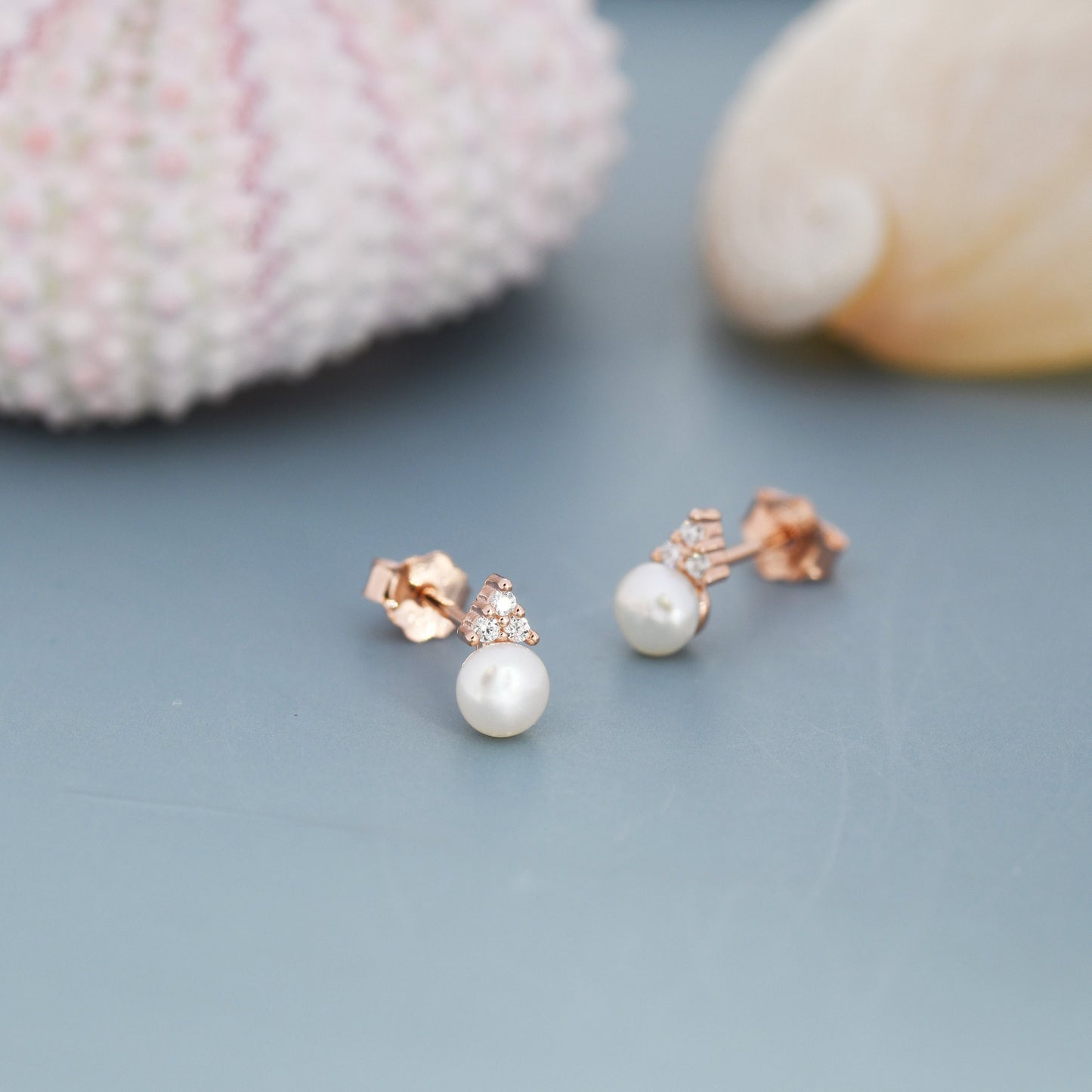 Genuine Freshwater Pearl CZ Trio Stud Earrings in Sterling Silver, Delicate Tiny Pearl and CZ Earrings,  Trinity Pearl, Genuine Pearls.