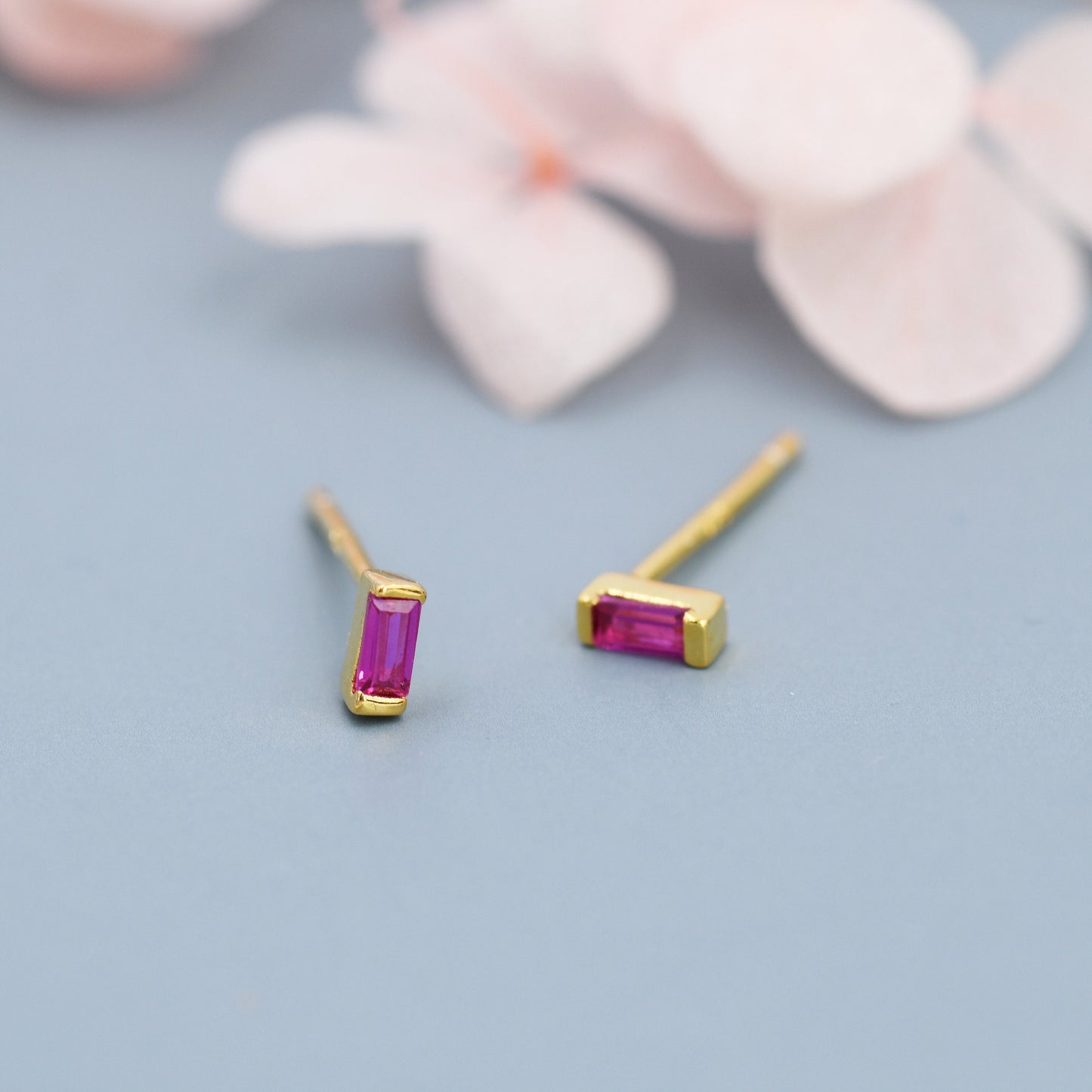 Ruby Red Tiny Baguette CZ Stud Earrings in Sterling Silver, Silver or Gold, Geometric Tiny Pink CZ Earrings, Stacking Earrings