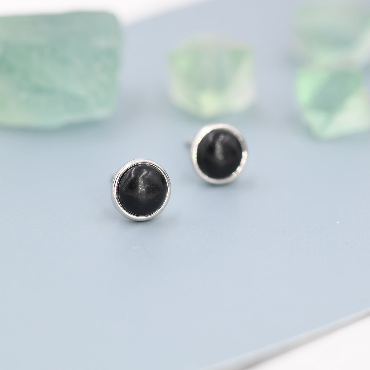 Genuine Black Onyx Stud Earrings in Sterling Silver, 4mm or 6mm, Cabochon Bezel Stud Earrings