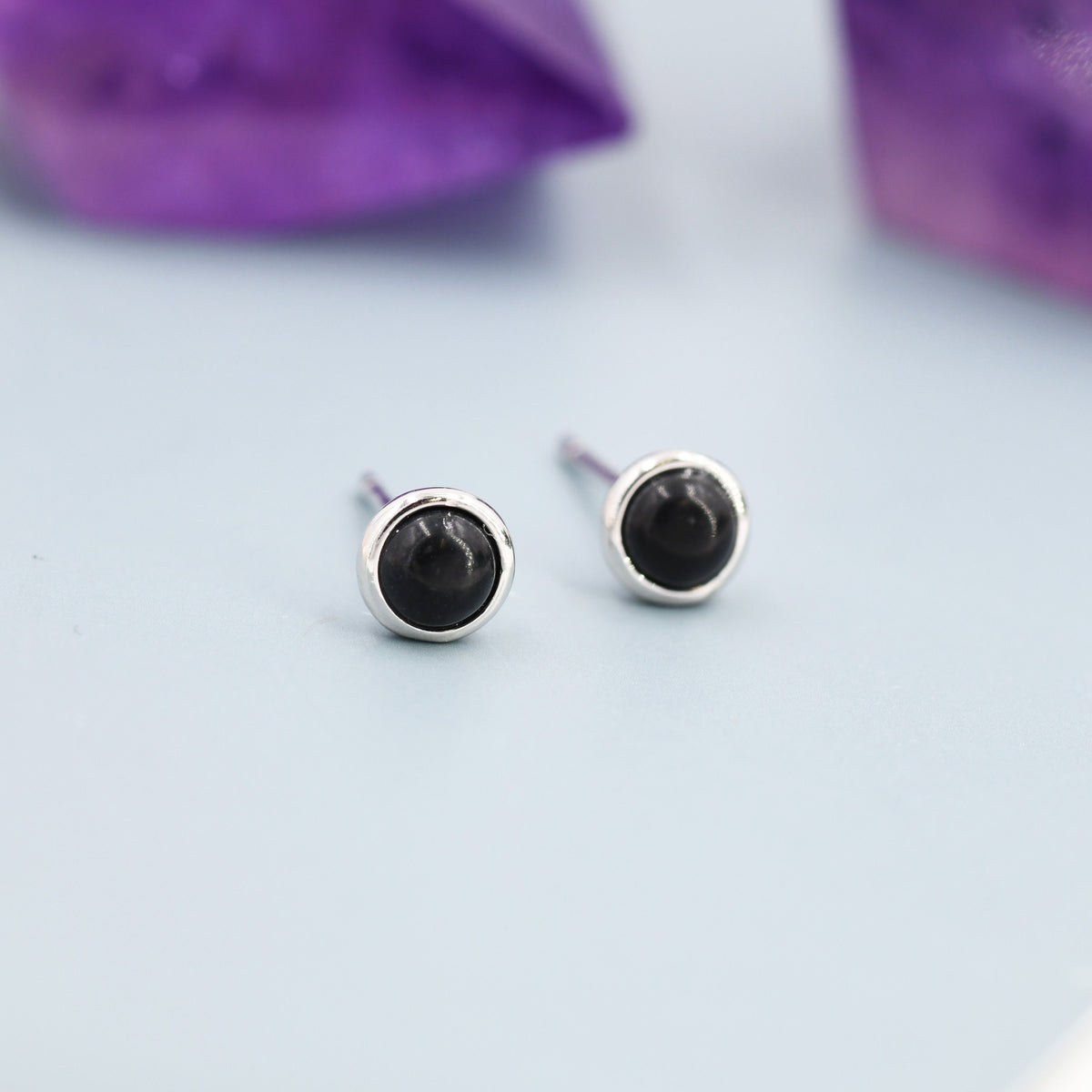 Genuine Black Onyx Stud Earrings in Sterling Silver, 4mm or 6mm, Cabochon Bezel Stud Earrings