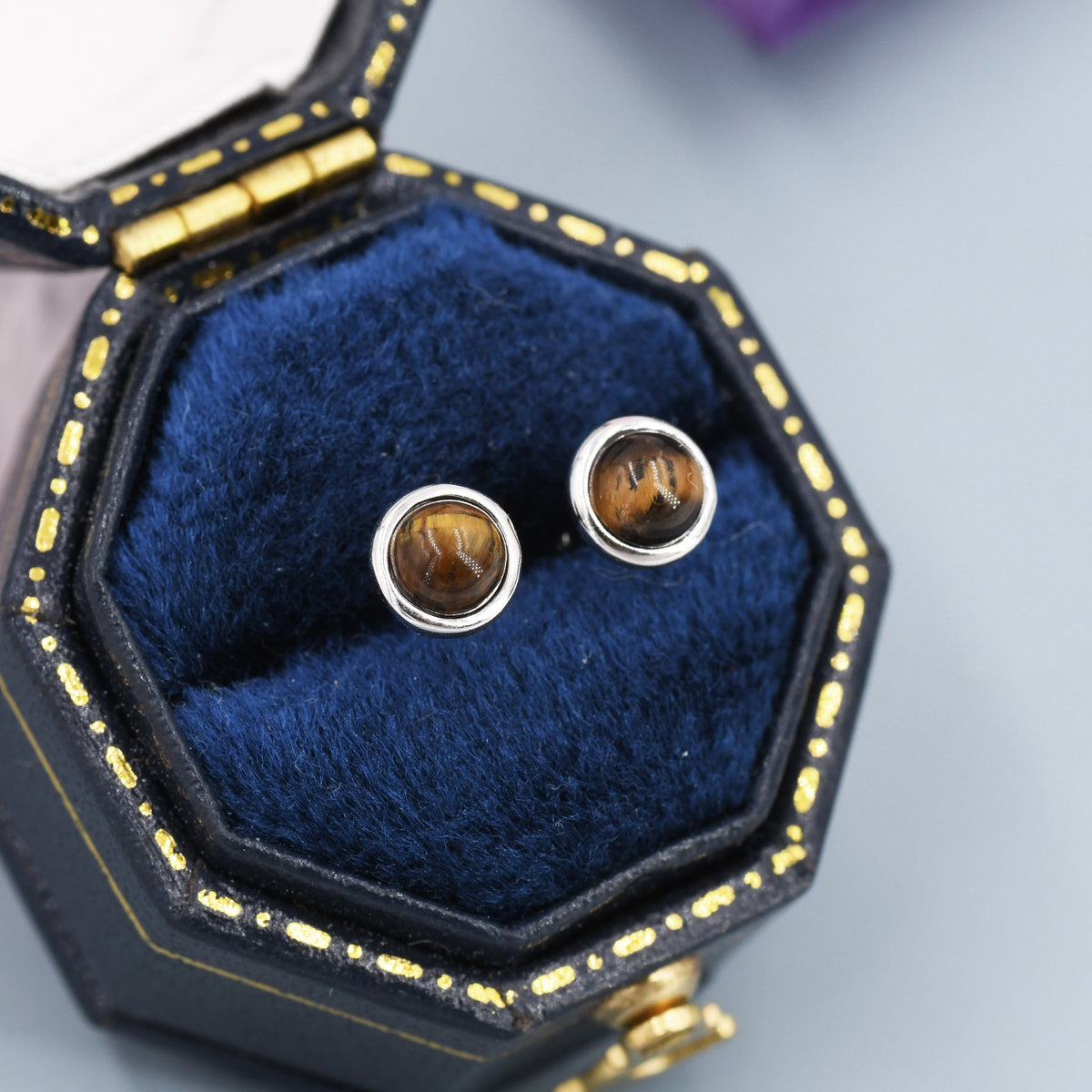 Genuine Tiger‘s Eye Stud Earrings in Sterling Silver, 4mm, Cabochon Bezel Stud Earrings, Tiger Eye Stone