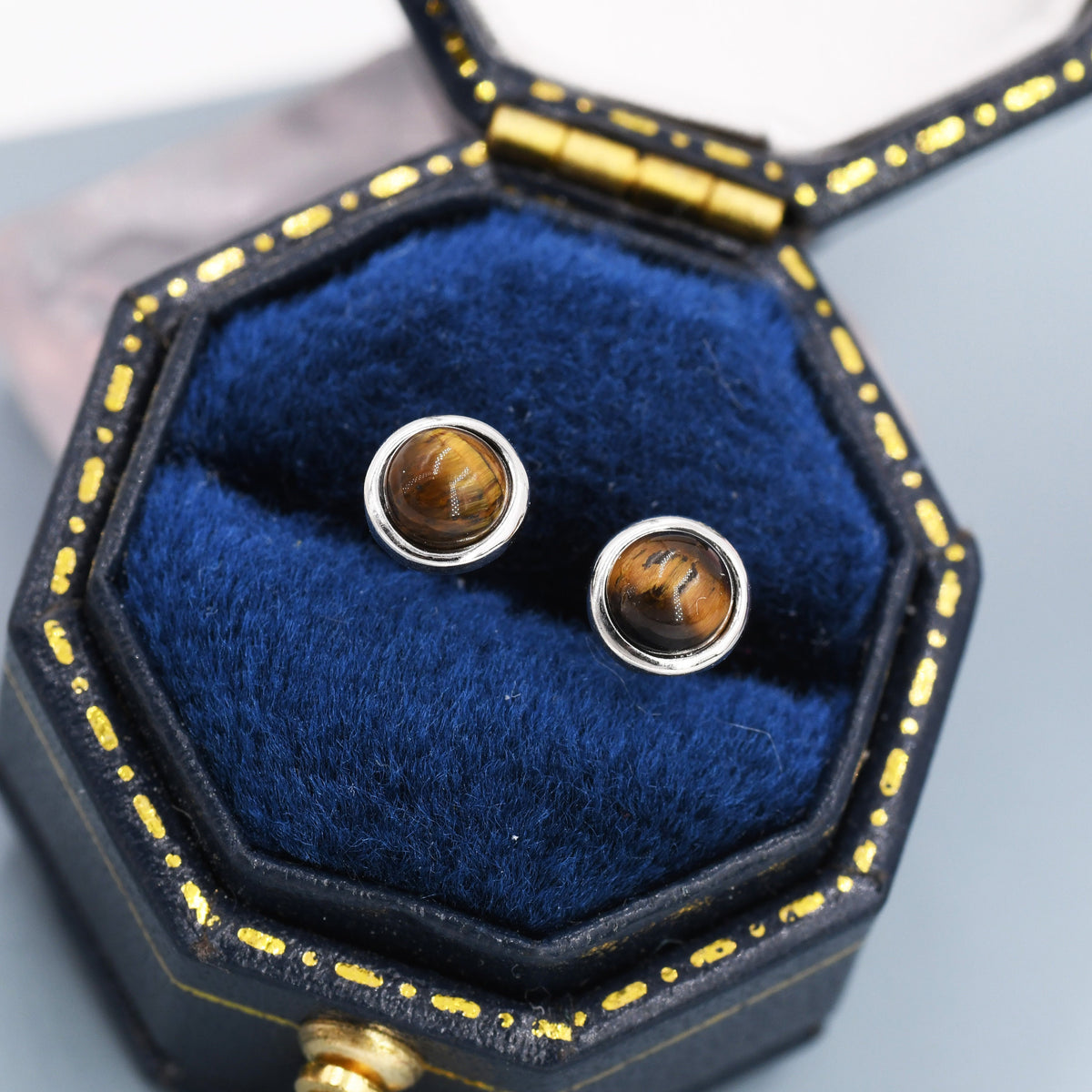 Genuine Tiger‘s Eye Stud Earrings in Sterling Silver, 4mm, Cabochon Bezel Stud Earrings, Tiger Eye Stone