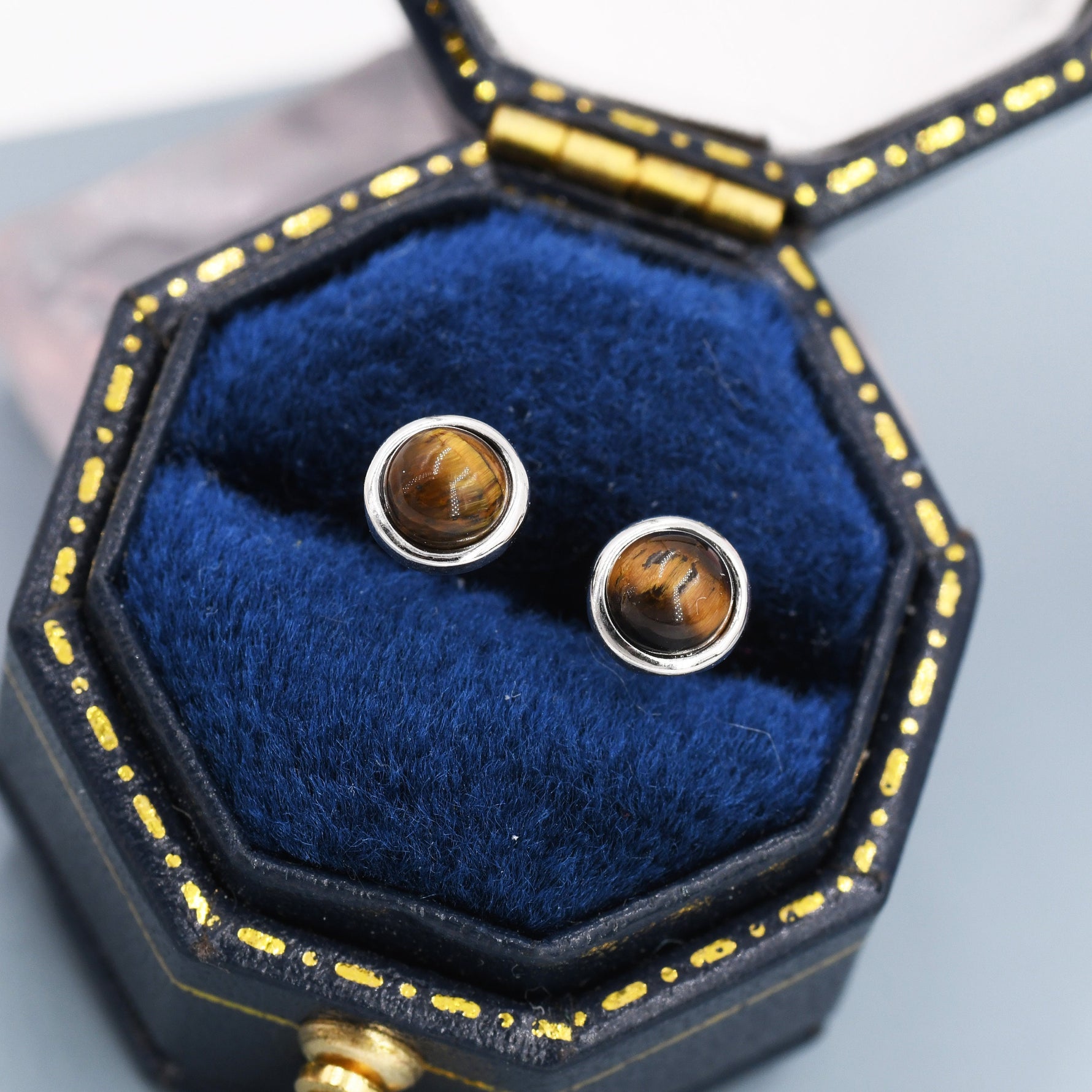 Genuine Tiger‘s Eye Stud Earrings in Sterling Silver, 4mm, Cabochon Bezel Stud Earrings, Tiger Eye Stone