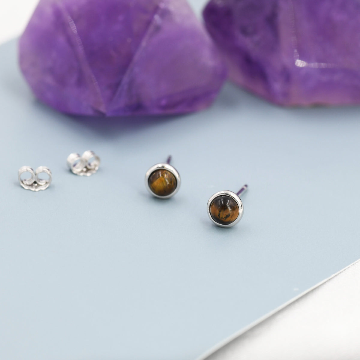 Genuine Tiger‘s Eye Stud Earrings in Sterling Silver, 4mm, Cabochon Bezel Stud Earrings, Tiger Eye Stone