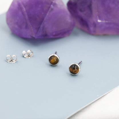 Genuine Tiger&#39;s  Eye Stud Earrings in Sterling Silver, 4mm, Cabochon Bezel Stud Earrings, Tiger Eye Stone