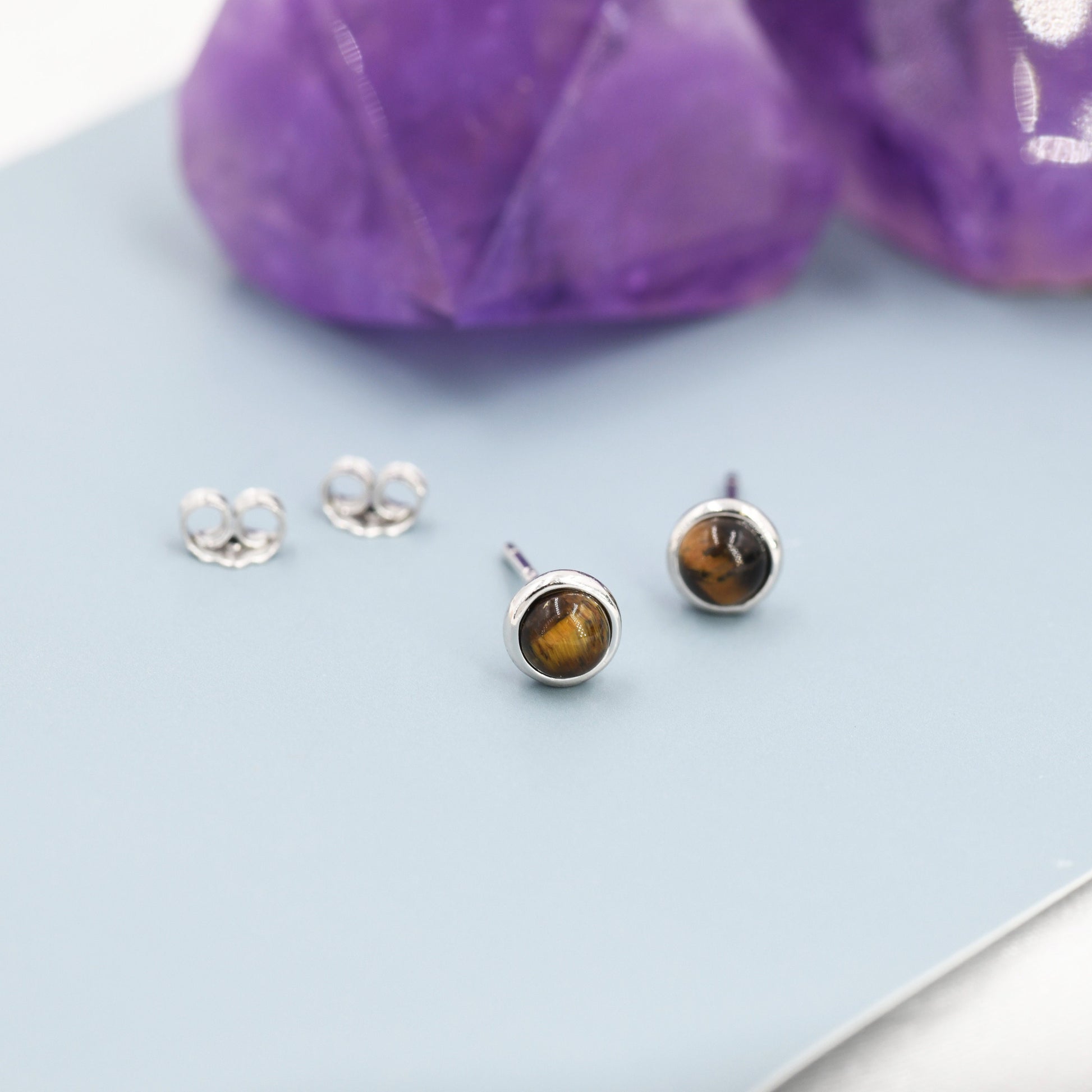 Genuine Tiger's Eye Stud Earrings in Sterling Silver, 4mm, 5mm and 6mm, Cabochon Bezel Stud Earrings, Tiger Eye Stone