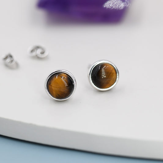 Genuine Tiger&#39;s  Eye Stud Earrings in Sterling Silver, 6mm, Cabochon Bezel Stud Earrings, Tiger Eye Stone Earrings