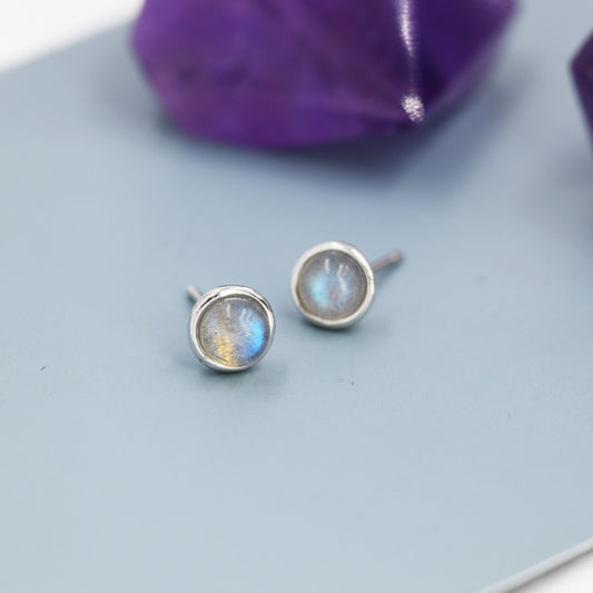 Genuine Labradorite Earrings in Sterling Silver, 4mm or 5mm, Cabochon Bezel Stud Earrings