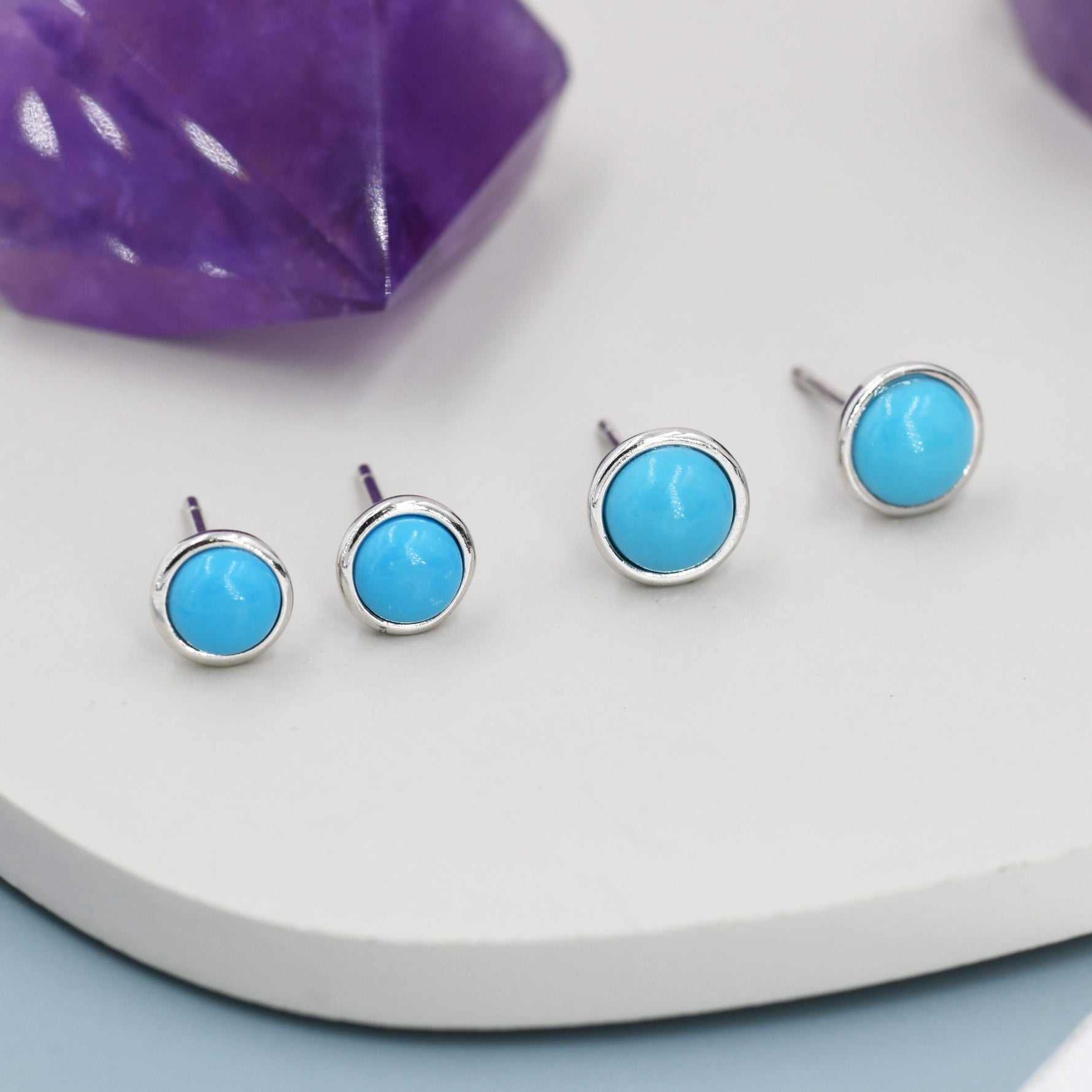 Sterling Silver Turquoise Stud Earrings, 6mm or 7mm, Genuine Turquoise Gemstone Stud, Bezel, Minimalist Style, December Birthstone