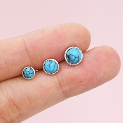 Sterling Silver Turquoise Stud Earrings,4mm, 5mm or 6mm, Genuine Turquoise Gemstone Stud, Bezel, Minimalist Style, December Birthstone