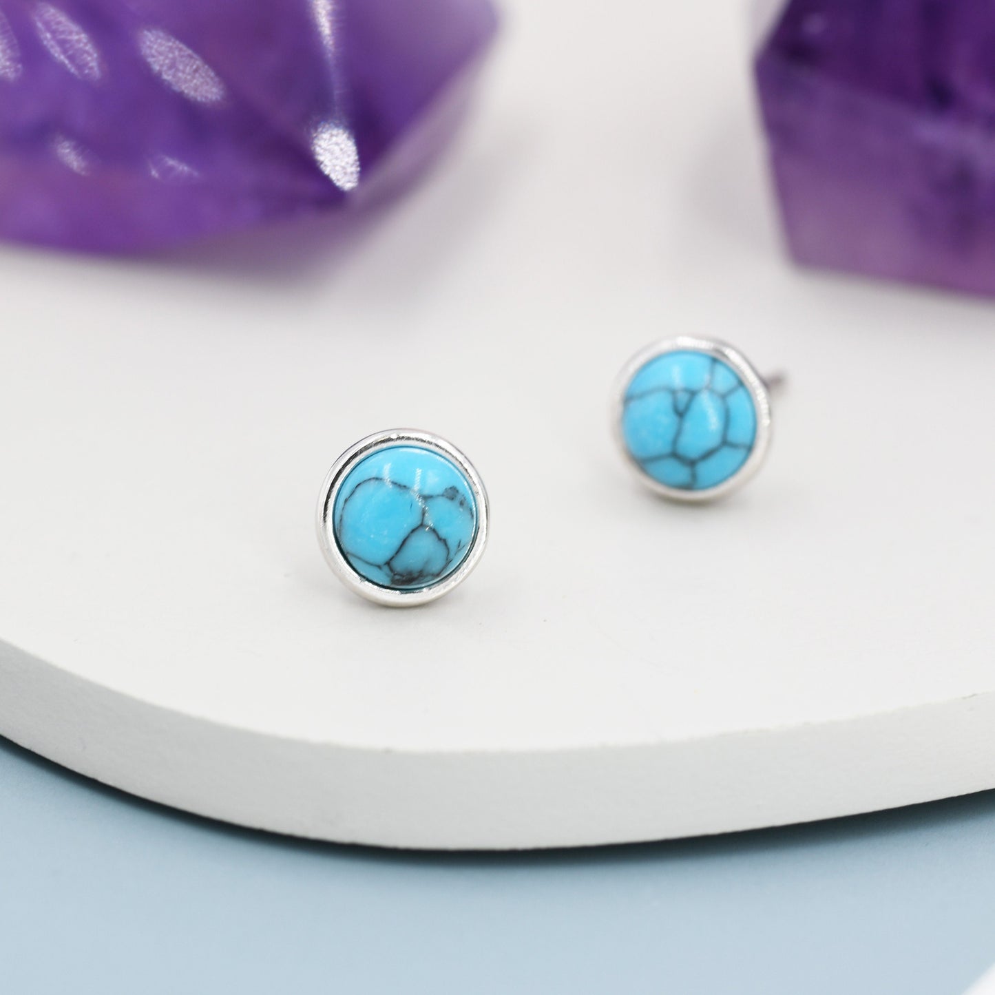 Sterling Silver Turquoise Stud Earrings,4mm, 5mm or 6mm, Genuine Turquoise Gemstone Stud, Bezel, Minimalist Style, December Birthstone
