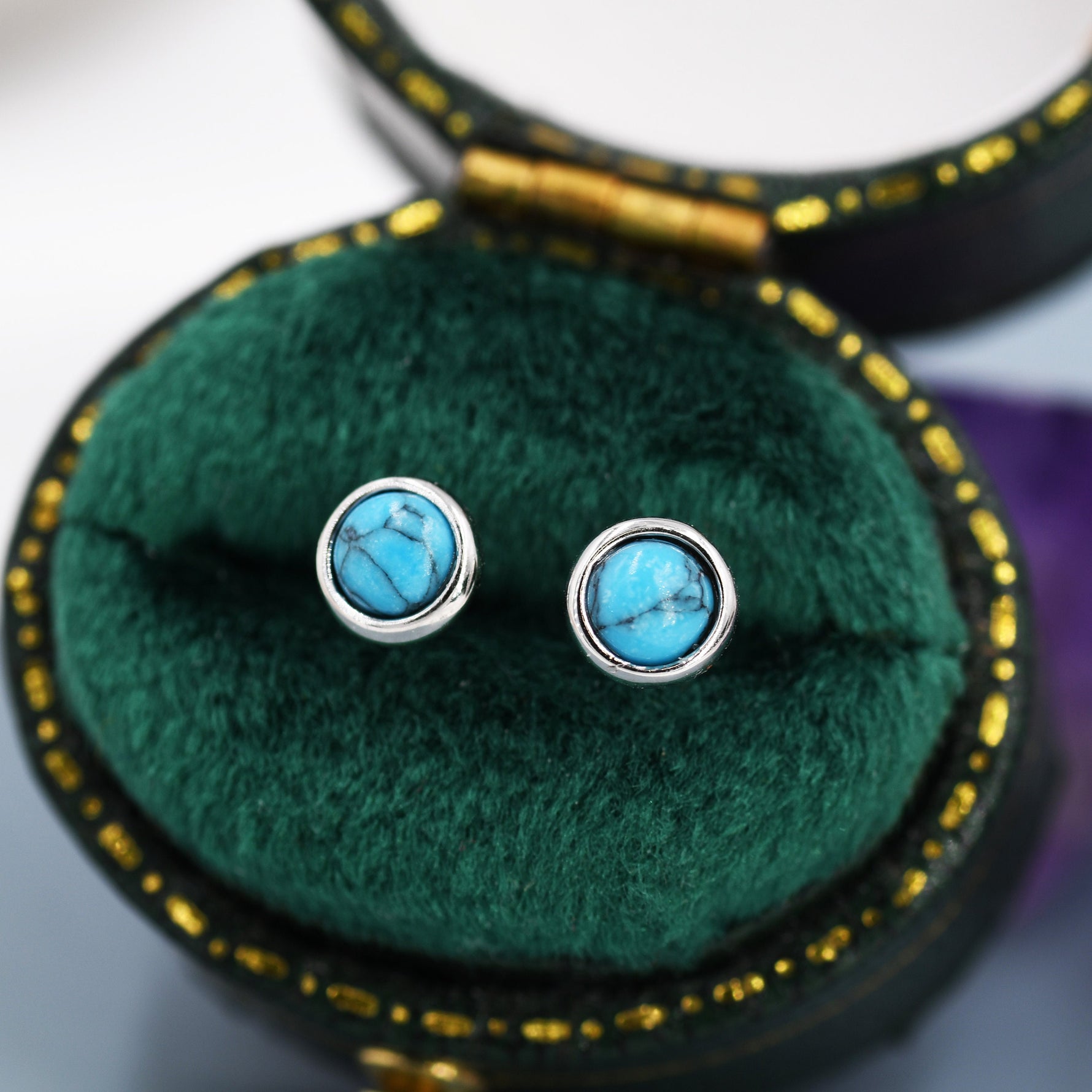 Sterling Silver Turquoise Stud Earrings,4mm, 5mm or 6mm, Genuine Turquoise Gemstone Stud, Bezel, Minimalist Style, December Birthstone