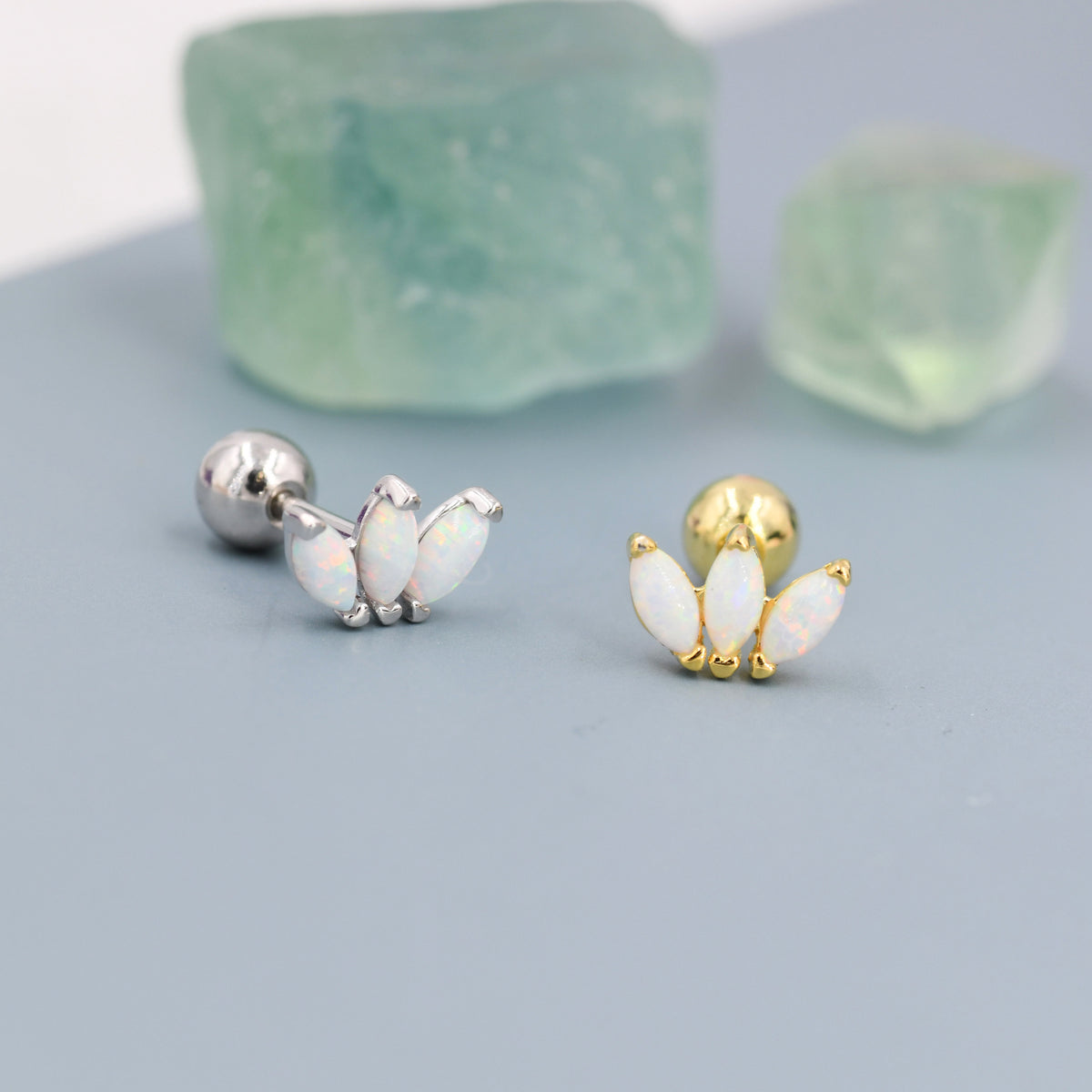 Sterling Silver White Opal Marquise Cluster Screw Back Earrings, Marquise Fan Stud, Opal Crown Stud, Silver, Gold or Rose Gold, Minimalist