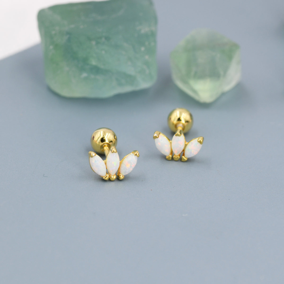 Sterling Silver White Opal Marquise Cluster Screw Back Earrings, Marquise Fan Stud, Opal Crown Stud, Silver, Gold or Rose Gold, Minimalist