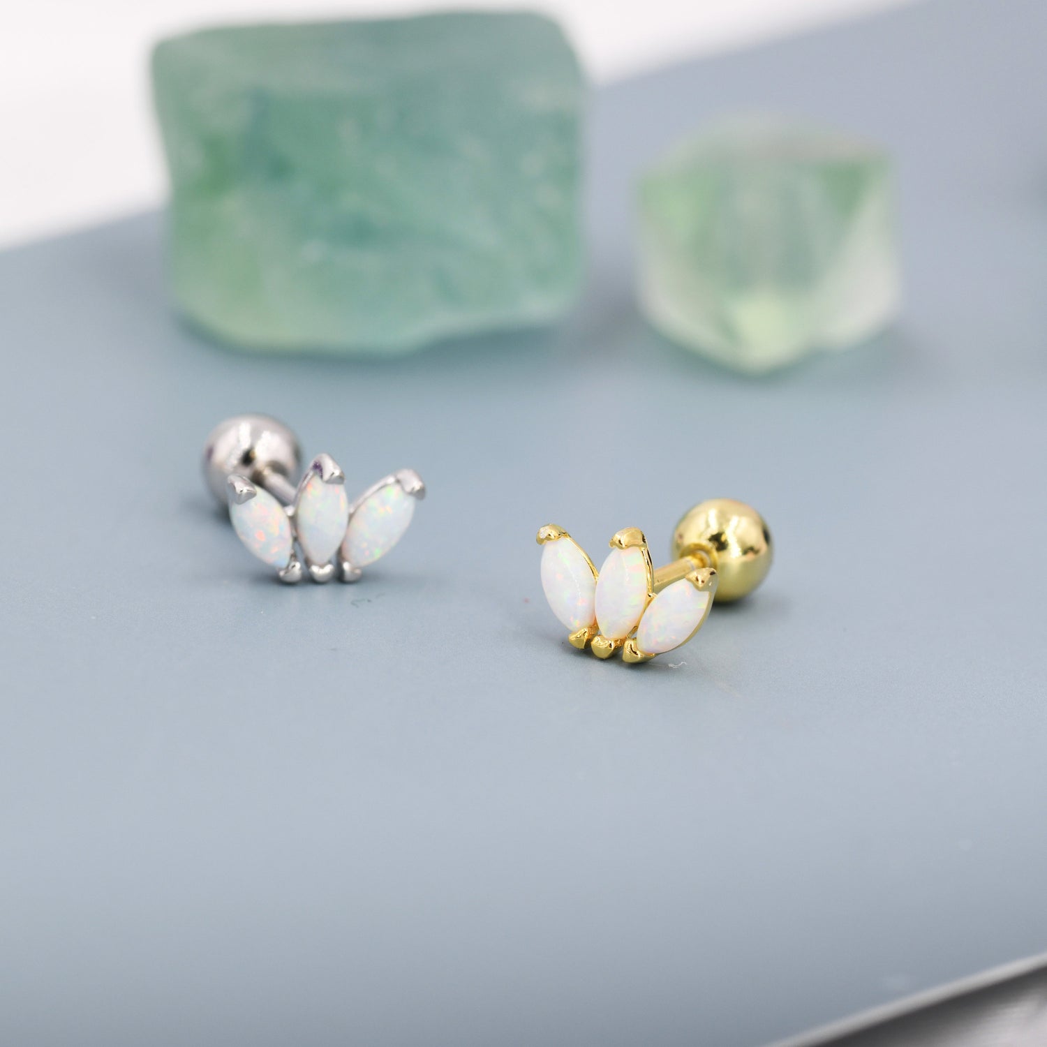Sterling Silver White Opal Marquise Cluster Screw Back Earrings, Marquise Fan Stud, Opal Crown Stud, Silver, Gold or Rose Gold, Minimalist