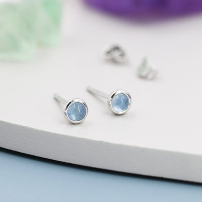 Sterling Silver Tiny Aquamarine Stud Earrings, 3mm Genuine Aquamarine Stone, Semi-precious Jewellery