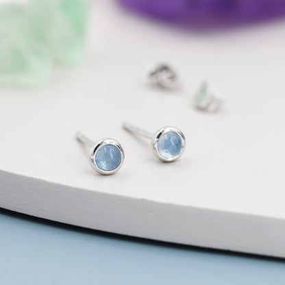 Sterling Silver Tiny Aquamarine Stud Earrings,  3mm Genuine Aquamarine Stone, Semi-precious Jewellery