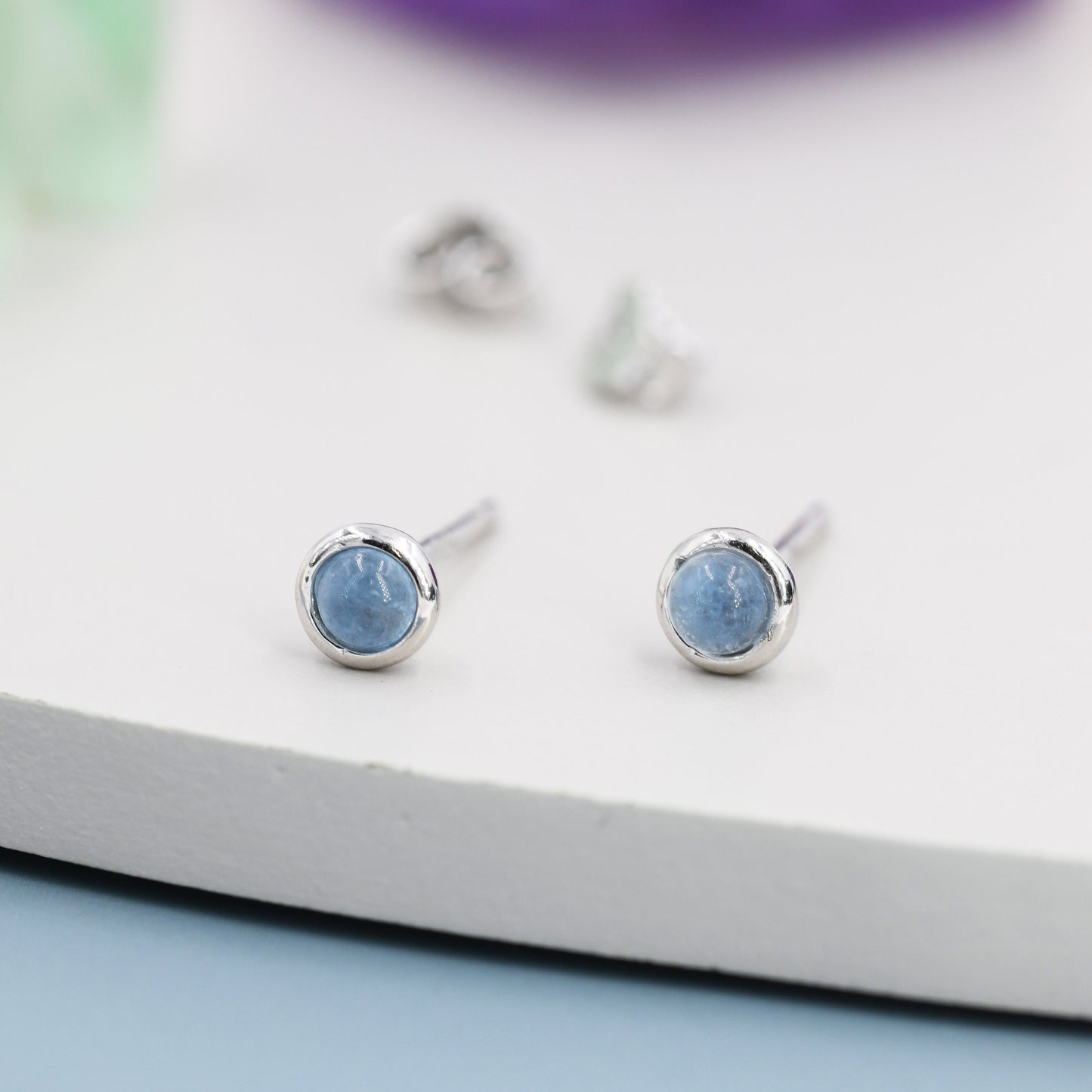 Sterling Silver Tiny Aquamarine Stud Earrings,  3mm Genuine Aquamarine Stone, Semi-precious Jewellery