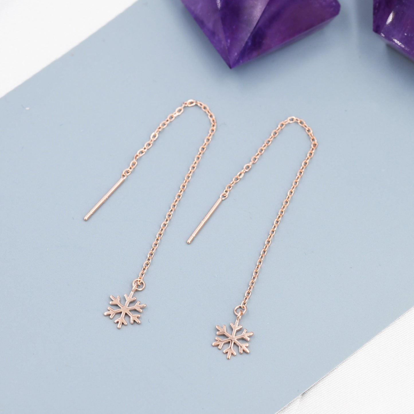 Snowflake Threader Earrings in Sterling Silver, Snow Flake Threaders, Silver, Gold or Rose Gold, Long Threaders