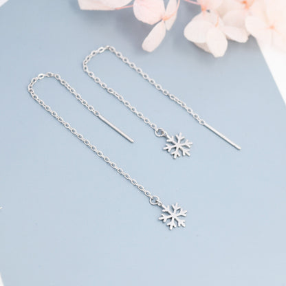 Snowflake Threader Earrings in Sterling Silver, Snow Flake Threaders, Silver, Gold or Rose Gold, Long Threaders