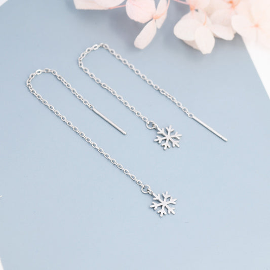 Snowflake Threader Earrings in Sterling Silver, Snow Flake Threaders, Silver, Gold or Rose Gold, Long Threaders