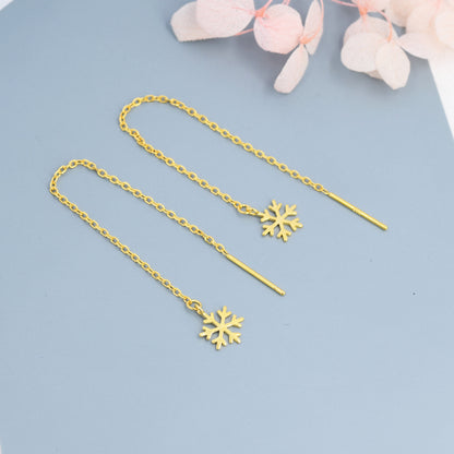 Snowflake Threader Earrings in Sterling Silver, Snow Flake Threaders, Silver, Gold or Rose Gold, Long Threaders