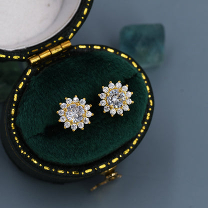 CZ Flower Stud Earrings in Sterling Silver, Gold or Silver, Simulated Diamond Snowflake Earrings