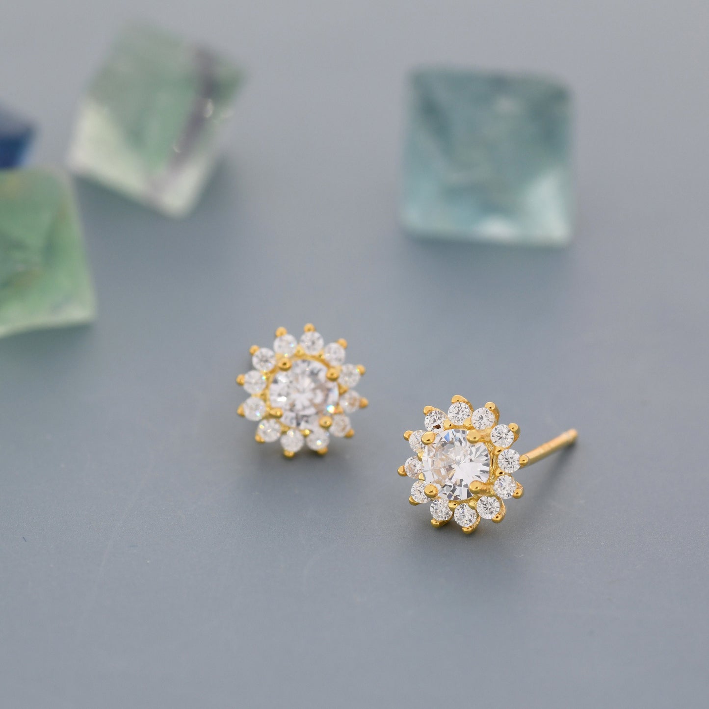 CZ Flower Stud Earrings in Sterling Silver, Gold or Silver, Simulated Diamond Snowflake Earrings