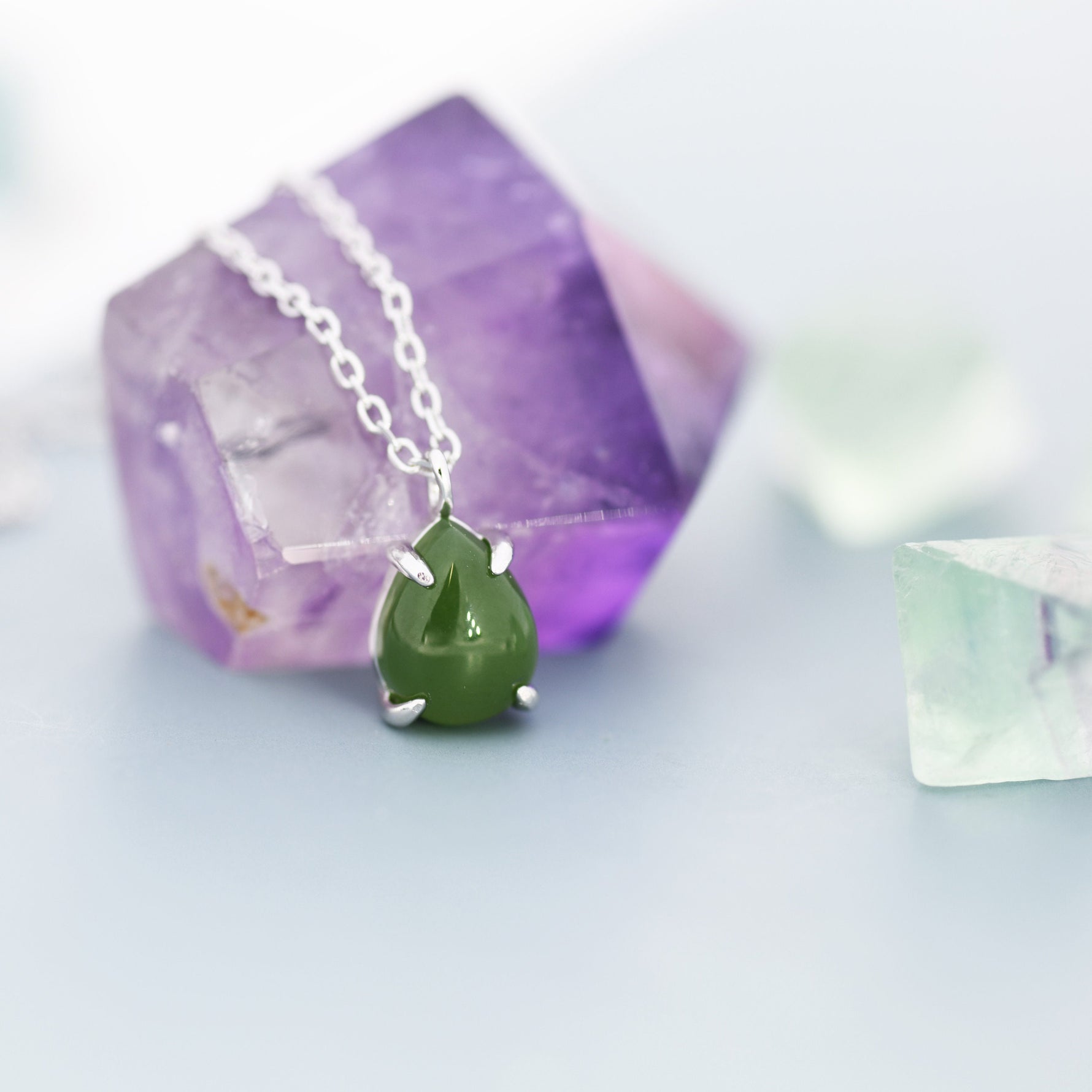 Genuine Jade Stone Pear Necklace in Sterling Silver, Droplet Cabochon Natural Jade Stone Necklace
