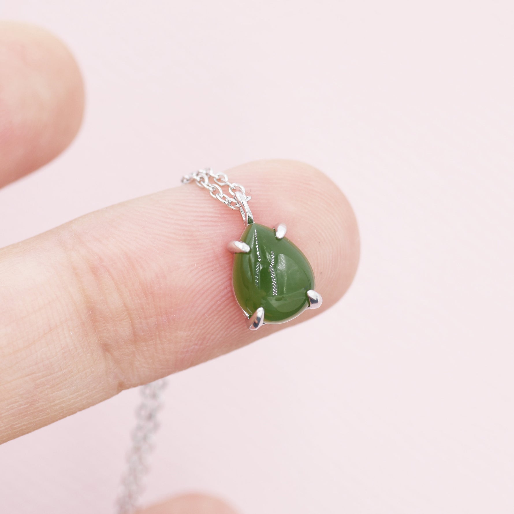 Genuine Jade Stone Pear Necklace in Sterling Silver, Droplet Cabochon Natural Jade Stone Necklace