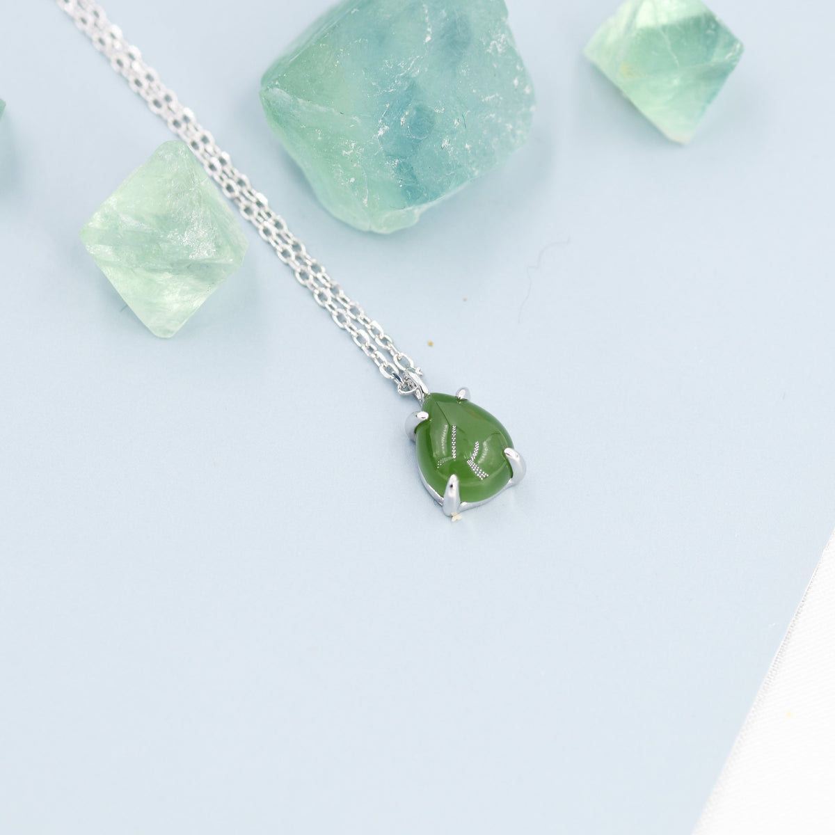 Genuine Jade Stone Pear Necklace in Sterling Silver, Droplet Cabochon Natural Jade Stone Necklace