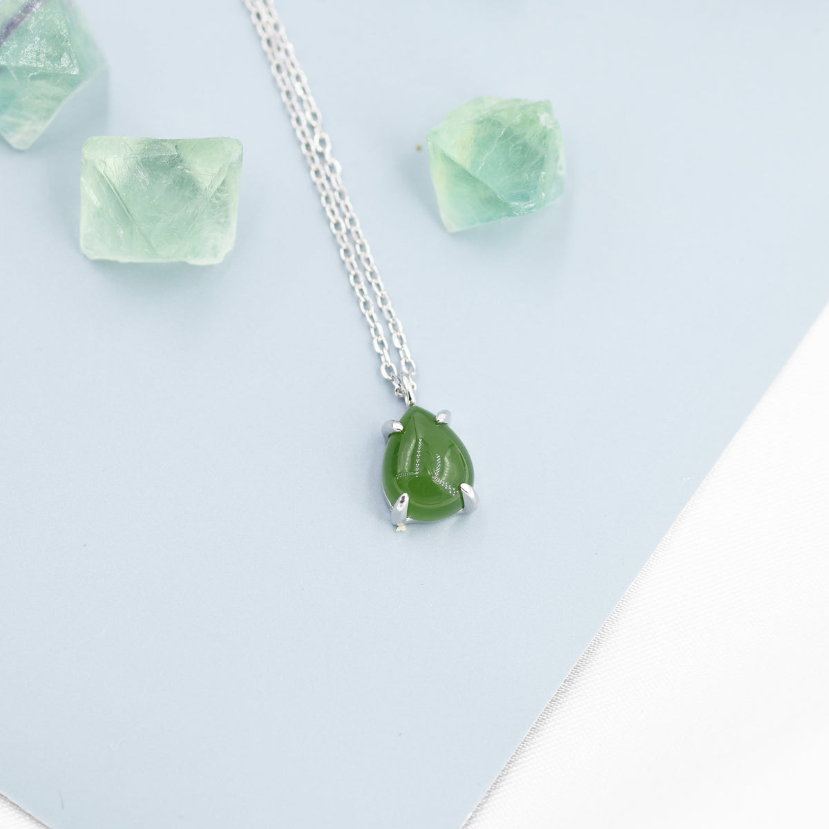 Genuine Jade Stone Pear Necklace in Sterling Silver, Droplet Cabochon Natural Jade Stone Necklace