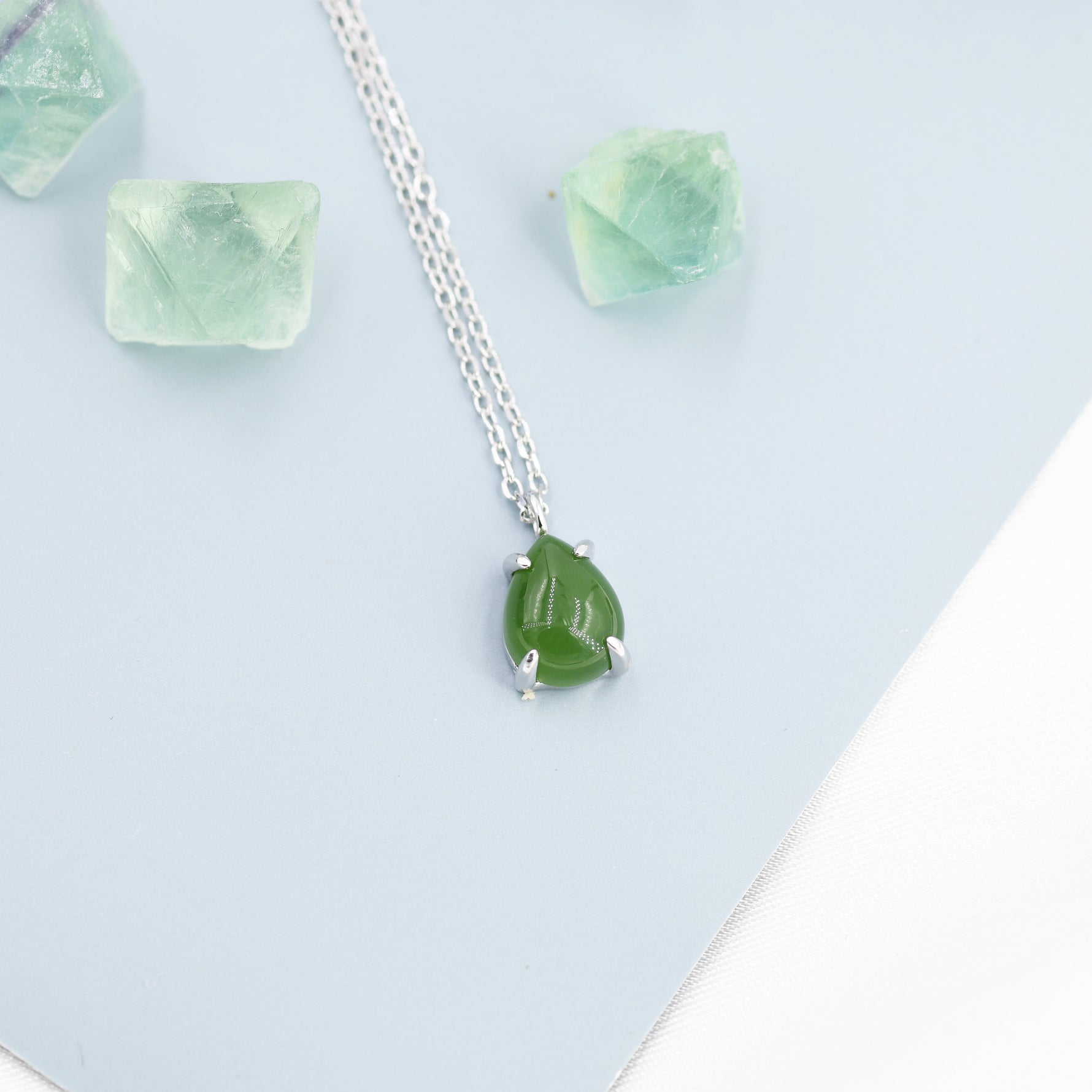 Genuine Jade Stone Pear Necklace in Sterling Silver, Droplet Cabochon Natural Jade Stone Necklace