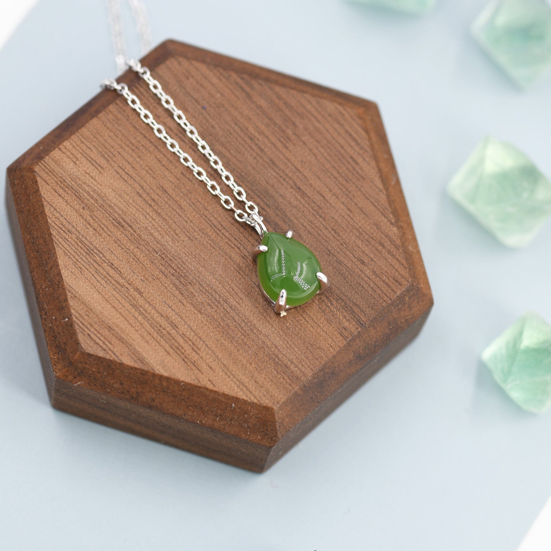 Genuine Jade Stone Pear Necklace in Sterling Silver, Droplet Cabochon Natural Jade Stone Necklace