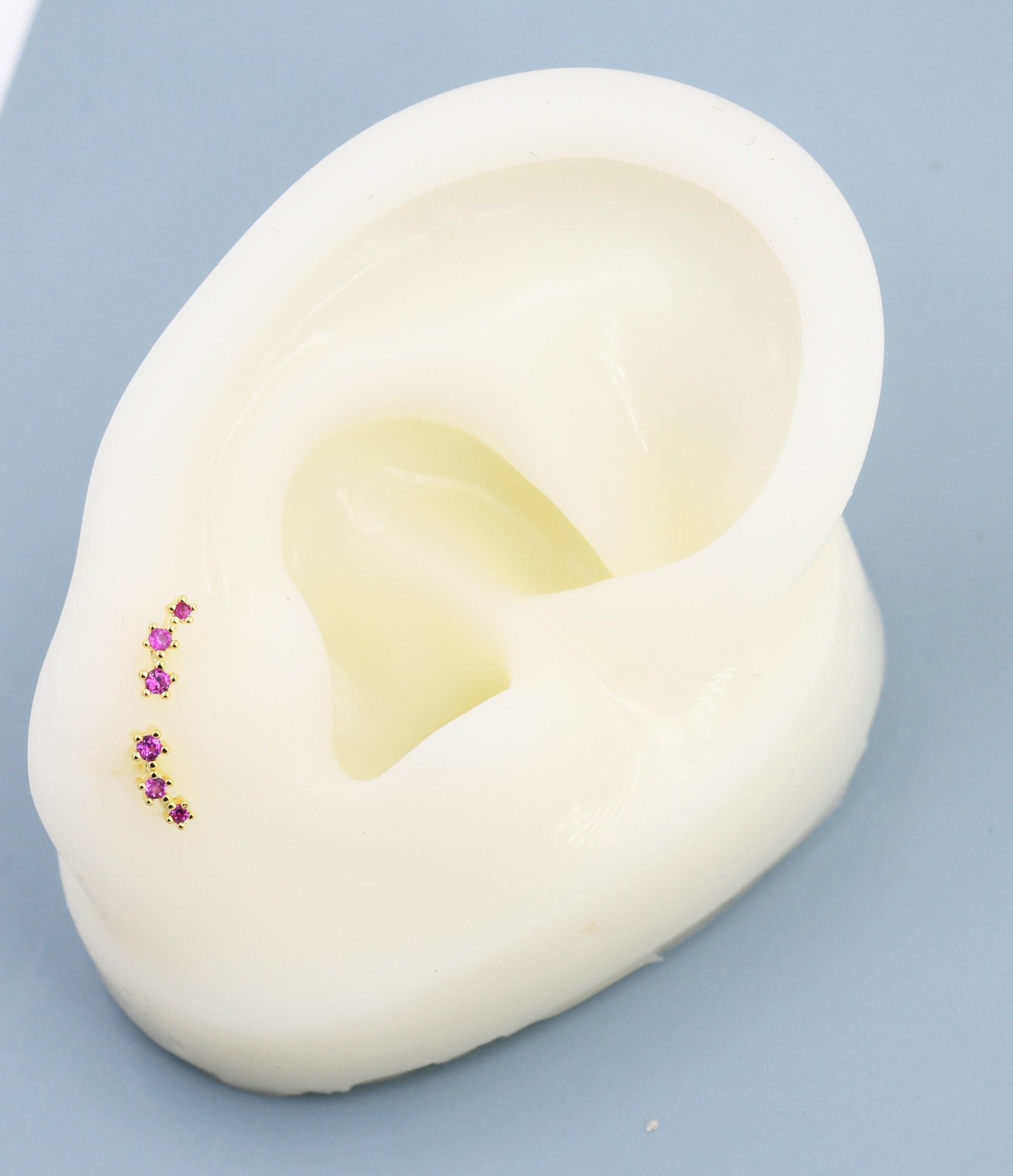 Extra Tiny Ruby Pink CZ Trio Stud Earrings in Sterling Silver, Silver or Gold, Geometric Tiny Three Star CZ Earrings, Stacking Earrings