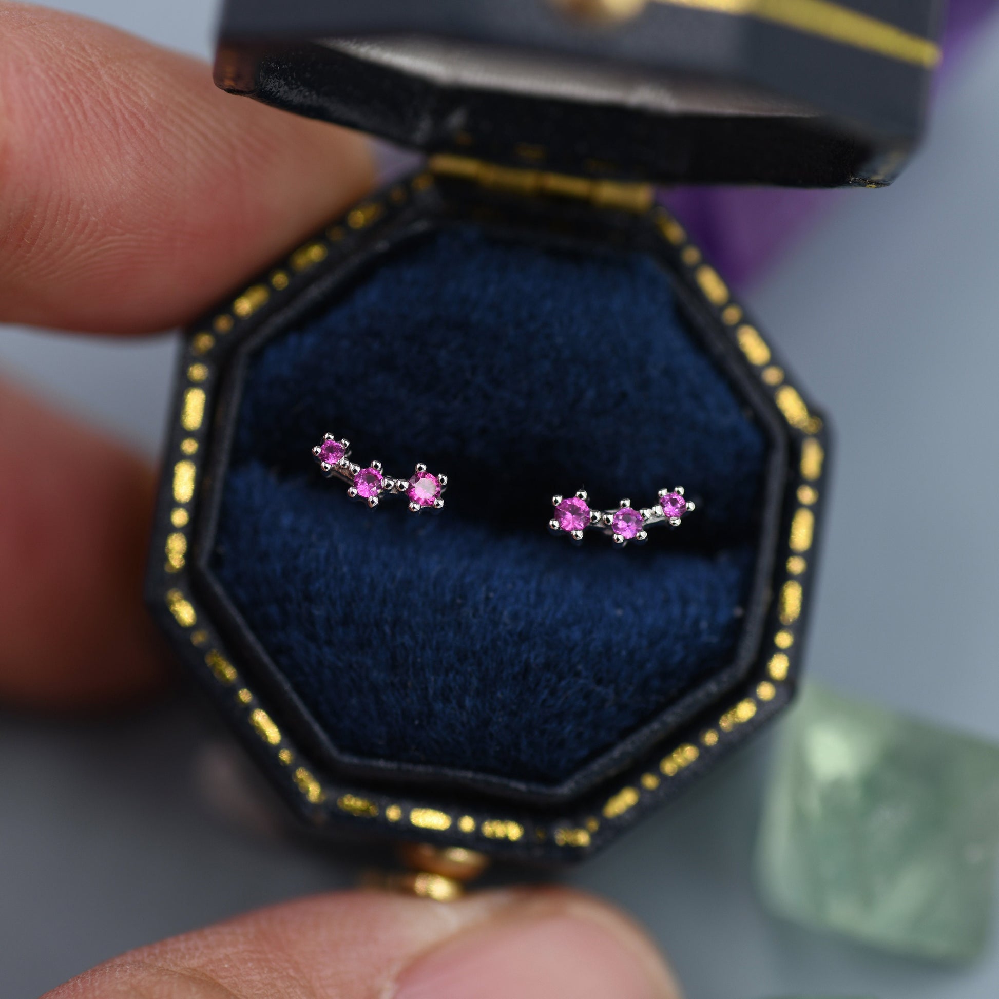 Extra Tiny Ruby Pink CZ Trio Stud Earrings in Sterling Silver, Silver or Gold, Geometric Tiny Three Star CZ Earrings, Stacking Earrings