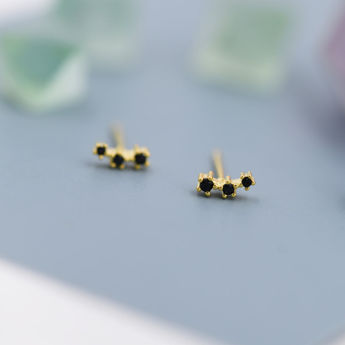 Extra Tiny Black CZ Trio Stud Earrings in Sterling Silver, Silver or Gold, Geometric Tiny Three Star CZ Earrings, Stacking Earrings