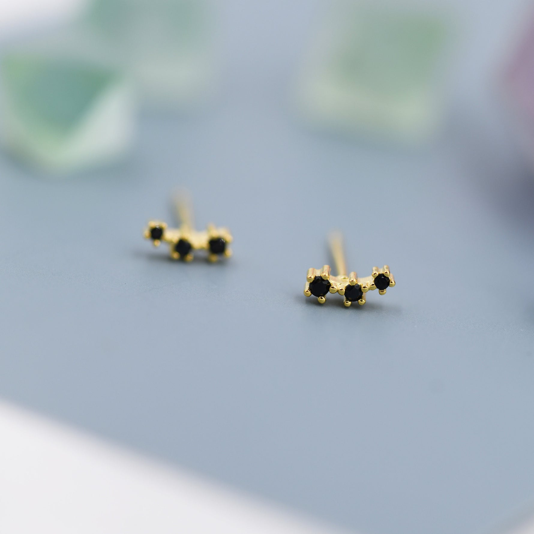 Extra Tiny Black CZ Trio Stud Earrings in Sterling Silver, Silver or Gold, Geometric Tiny Three Star CZ Earrings, Stacking Earrings