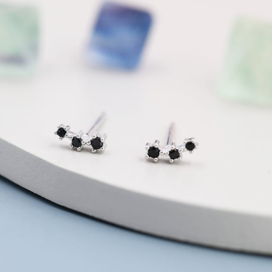 Extra Tiny Black CZ Trio Stud Earrings in Sterling Silver, Silver or Gold, Geometric Tiny Three Star CZ Earrings, Stacking Earrings