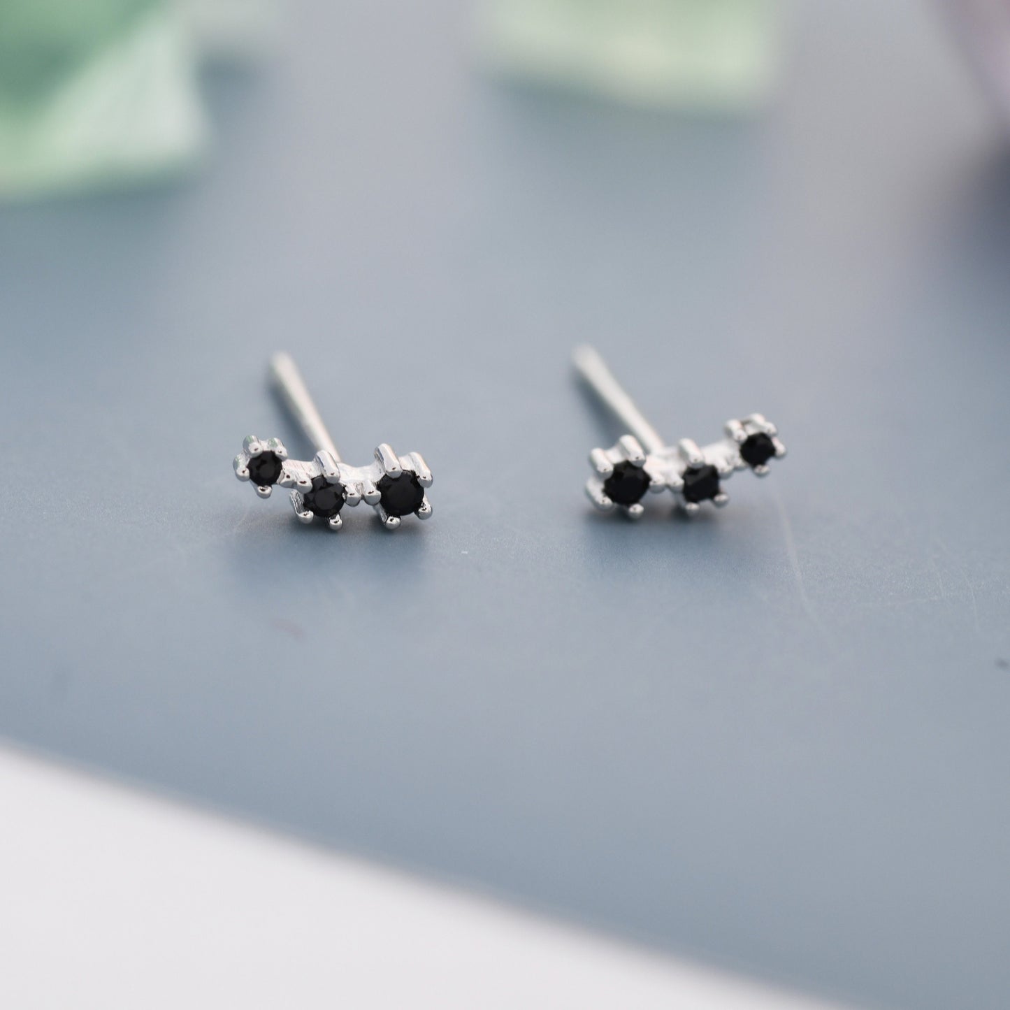 Extra Tiny Black CZ Trio Stud Earrings in Sterling Silver, Silver or Gold, Geometric Tiny Three Star CZ Earrings, Stacking Earrings